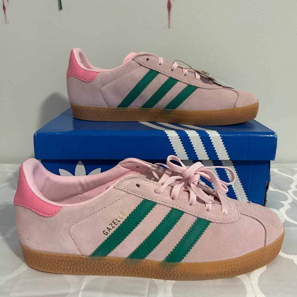 adidas Gazelle Pink with Green Stripes and Gum Sole
